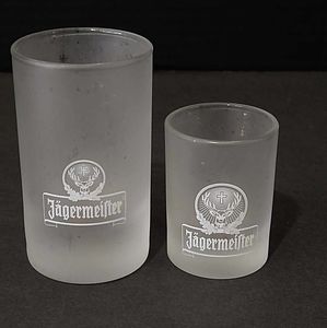 Pair of frosted glass Jagermeister shot glasses both in nice condition.